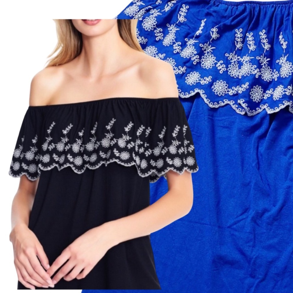 Adrianna Papell Off Shoulder Embroidered Boho peasant Blouse- BLUE - Small